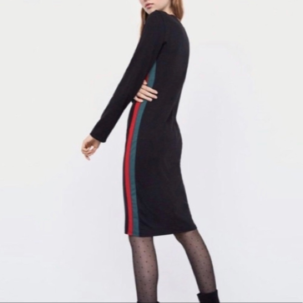 Zara black midi dress with red & green side stripes